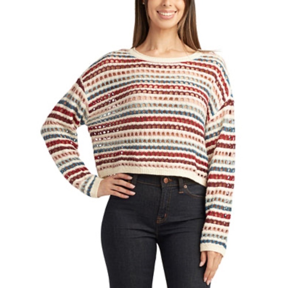 BCX Cropped Sweater‎ Women's S Multi Color Striped Open Knit Long Sleeve